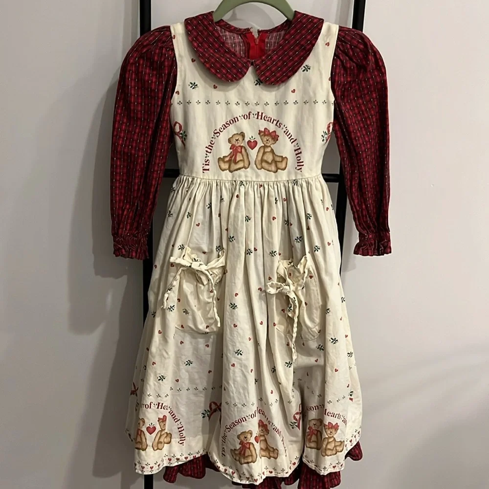 Vintage Daisy Kingdom Girls Dress Red Cream Long Sleeve Size 5/6